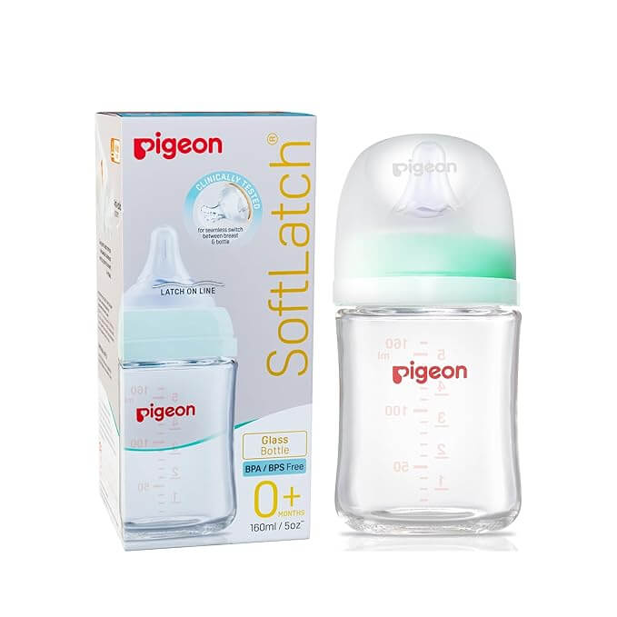 Pigeon Glass Feeding Bottle for Baby Wide Neck, New Born/Infants/Toddler Upto 0 Months+, BPA Free, Ergonomic Shape is Easy to Hold, with Anti Colic Nipple, Pack of 1, 160ml Green